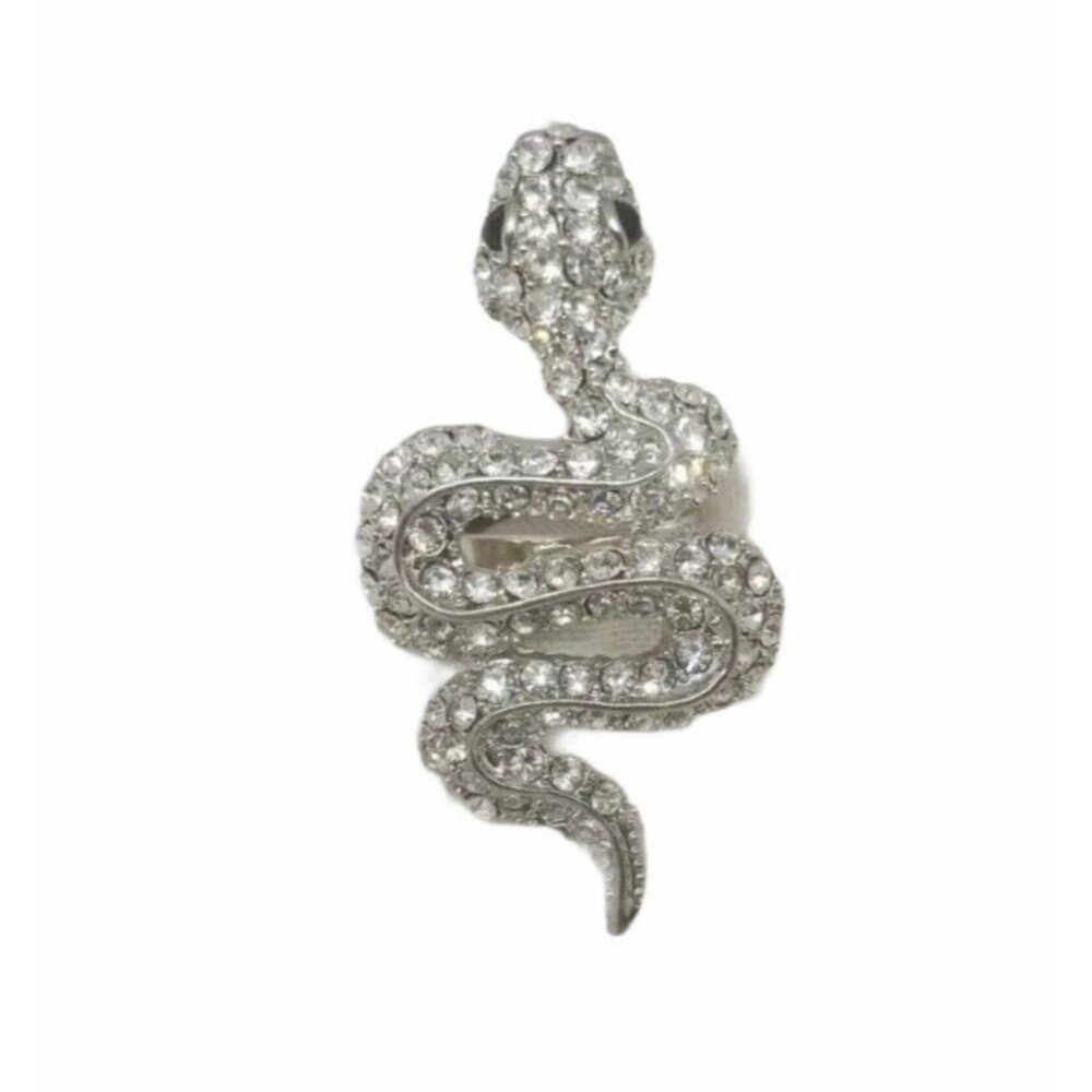 Rhinestone Snake Ring Silver Tone Large Coiled Snake Black Eyes Adjustable As Is